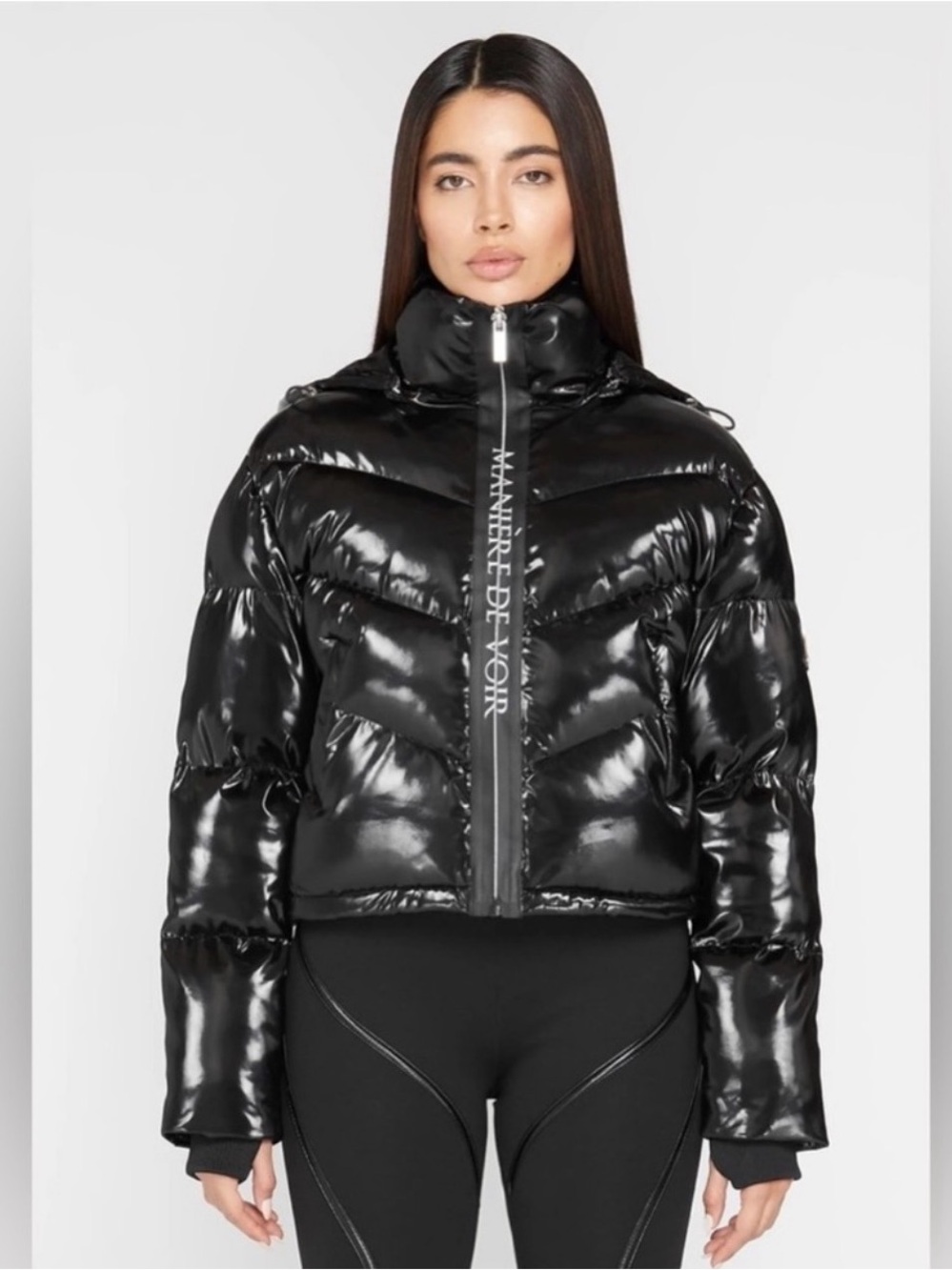 Glossy Black Cropped Puffer Jacket with Branded Zip